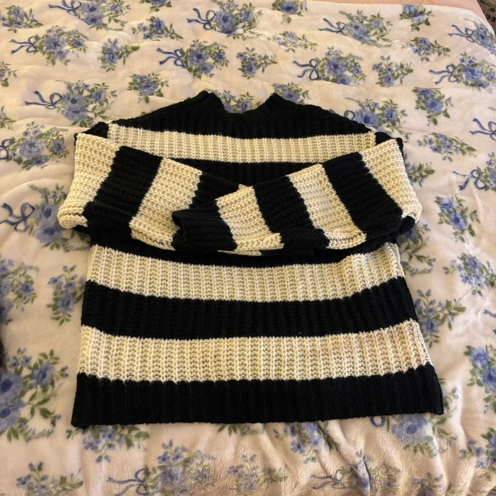 Striped Black and Cream Women's Knit Sweater - Picture 2 of 3